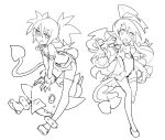  2girls bow demon_girl demon_tail detached_sleeves disgaea etna flonne full_body gloves jewelry kanyoko_(yuzukano_17) long_hair looking_at_viewer makai_senki_disgaea monochrome multiple_girls open_mouth pointy_ears prinny ribbon short_hair simple_background smile tail thighhighs twintails white_background wings 