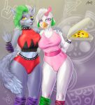  anthro avian canid canine canis chiken clothing duo female female/female five_nights_at_freddy&#039;s five_nights_at_freddy&#039;s:_security_breach food fur glamrock_chica_(fnaf) hair hi_res jewelry mammal pizza roxanne_wolf_(fnaf) scottgames smile video_games white_body white_fur wolf xlyuz 