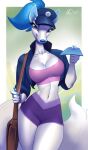  anthro big_breasts bottomwear breasts canid canine canis cleavage clothed clothing domestic_dog female hat headgear headwear hi_res holding_object holivi hotpants looking_at_viewer mail mammal navel portrait satchel shorts smile solo three-quarter_portrait topwear tube_top 