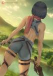  1girl araneesama arms_at_sides artist_name ass back black_hair blurry blurry_background cloud commentary crop_top day depth_of_field english_commentary facing_away from_behind highres holding holding_sword holding_weapon mikasa_ackerman outdoors patreon_logo patreon_username red_scarf scarf shingeki_no_kyojin short_hair shorts skindentation solo standing sword thigh_strap weapon web_address 