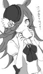  1girl animal_ears bangs bow cup drinking eyebrows_visible_through_hair flower greyscale hair_over_one_eye hat hat_flower highres holding holding_cup horse_ears long_hair looking_at_viewer monochrome nyakonro_(nekonro) pleated_skirt puffy_short_sleeves puffy_sleeves rice_shower_(umamusume) rose school_uniform shirt short_sleeves simple_background skirt solo tilted_headwear tracen_school_uniform translation_request umamusume very_long_hair white_background 