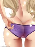  1girl adjusting_clothes adjusting_swimsuit artist_name ass ass_focus bikini blonde_hair eden&#039;s_zero from_behind highres long_hair purple_swimsuit rebecca_bluegarden solo sparkle swimsuit takeshi61 