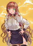  1girl bangs black_skirt blunt_bangs blush brown_hair green_eyes hairband hands_on_hips helena_(kancolle) kantai_collection long_hair long_sleeves looking_at_viewer mayura2002 parted_lips red_hairband simple_background skirt solo star_(symbol) thigh_strap thighhighs two-tone_background very_long_hair 
