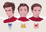  3boys andrew_garfield bodysuit brown_hair commentary english_commentary headset ikuchan_kaoru looking_at_viewer male_focus marvel marvel_cinematic_universe multiple_boys muscular peter_parker red_bodysuit short_hair solo_focus sony spider-man spider-man_(series) spider_web_print superhero teeth tobey_maguire tom_holland 