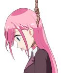  1girl bokutachi_wa_benkyou_ga_dekinai close-up death ears expressionless eyebrows_visible_through_hair hair_between_eyes hanged hanging kirisu_mafuyu long_hair open_mouth pink_hair simple_background strangling teacher tongue tongue_out upper_body white_background 