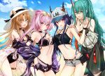  4girls :d ;d absurdres animal_ear_fluff animal_ears arknights asymmetrical_docking bangs bare_arms bare_shoulders baseball_cap beach belt belt_pouch bikini bikini_under_clothes black_bikini black_gloves black_pants black_shorts black_swimsuit blonde_hair blue_hair blush breast_press breasts casual_one-piece_swimsuit center_opening ch&#039;en_(arknights) chiwa_(chiwawanwan1206) cleavage closed_mouth clothes_around_waist clothes_writing collar collarbone commentary_request contrapposto cowboy_shot dragon_girl dragon_horns dragon_tail ears_through_headwear eyebrows_visible_through_hair eyewear_on_head female_tourist_c_(arknights) fingerless_gloves folded_ponytail gloves green-tinted_eyewear green_eyes green_hair grey_shorts hair_ornament hairclip hand_on_another&#039;s_shoulder hand_on_hip hands_on_another&#039;s_shoulders hat hexagonal_eyewear highres horns horns_through_headwear hoshiguma_(arknights) jacket jewelry large_breasts leaning_forward lin_yuhsia_(arknights) long_hair long_sleeves looking_at_viewer medium_breasts mismatched_bikini multiple_girls navel necklace ocean one-piece_swimsuit one_eye_closed oni_horns open_clothes open_fly open_jacket open_shorts pants parted_bangs pearl_necklace pink_eyes pink_hair pouch purple_eyes purple_jacket ring see-through see-through_jacket shorts single_glove single_sleeve skin-covered_horns smile stomach sunglasses sweatdrop swimsuit swire_(arknights) tail tiger_ears tinted_eyewear unbuttoned underboob unzipped v-shaped_eyebrows very_long_hair water white_bikini white_headwear yellow-framed_eyewear yellow_eyes 