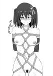  1girl arms_behind_back bdsm bondage bound bound_arms breasts elbow_gloves female_pubic_hair gloves greyscale hair_ornament highres kantai_collection medium_hair monochrome navel nipples nokishita_kumoemon nude pubic_hair rope sendai_(kancolle) sendai_kai_ni_(kancolle) shibari small_breasts smile solo two_side_up 