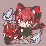  1girl animal_ear_fluff animal_ears black_bow blush bow braid cat_ears cat_tail dnk dress dust extra_ears flaming_skull floating_skull focused ghost green_dress ground_vehicle hitodama honda kaenbyou_rin motor_vehicle motorcycle multiple_tails pink_background red_background red_eyes red_hair riding shadow skull solo tail tongue tongue_out touhou twin_braids two_tails 