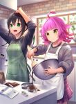  ahoge apron baking bangs black_hair blunt_bangs blunt_ends bowl chocolate chocolate_making cooking gradient_hair green_eyes green_hair highres kenko_(a143016) kitchen love_live! love_live!_nijigasaki_high_school_idol_club medium_hair mixing_bowl multicolored_hair pink_hair short_hair streaked_hair takasaki_yuu tennouji_rina twintails two-tone_hair valentine yellow_eyes 