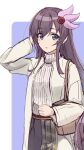  1girl alternate_costume bag brown_hair coat commentary_request cowboy_shot hair_ornament handbag highres kantai_collection kisaragi_(kancolle) long_hair looking_at_viewer minosu purple_eyes ribbed_sweater solo standing sweater unfinished white_coat white_sweater 