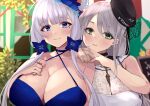  2girls aquila_(azur_lane) aquila_(green_garden_elegant_sadia)_(azur_lane) azur_lane bangs bare_shoulders black_headwear blue_dress blue_eyes blush breasts cleavage closed_mouth collarbone dress eyebrows_visible_through_hair flower green_eyes grey_hair hair_flower hair_ornament hairclip hand_on_own_chest hands_on_own_shoulders huge_breasts illustrious_(azur_lane) illustrious_(never-ending_tea_party)_(azur_lane) long_hair looking_at_viewer mole mole_under_eye multiple_girls official_alternate_costume silver_hair simple_background smile upper_body wee_(weeyy) white_dress 