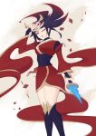  1girl antlers bangs black_hair blood_moon_(league_of_legends) blood_moon_akali breasts feet_out_of_frame holding japanese_clothes large_breasts league_of_legends long_hair long_sleeves looking_at_viewer makeup mask mask_on_head official_alternate_costume one_eye_closed ponytail ranxb red_hair solo thighhighs weapon wide_sleeves 