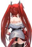  1girl arknights ass bare_shoulders black_legwear black_panties cowboy_shot elbow_gloves from_behind gloves highres horns long_hair no_pants off-shoulder_shirt off_shoulder panties raw_egg_lent red_gloves red_hair shirt short_sleeves shoulder_blades simple_background solo tail thigh_gap thighhighs toddifons_(arknights) twintails underwear very_long_hair white_background white_shirt 