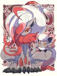  2021 absurd_res ambiguous_gender border canid canine claws crouching duo fur grey_body grey_fur hi_res hisuian_zoroark hisuian_zorua mammal nintendo nyaswitchnya pink_body pink_fur pok&eacute;mon pok&eacute;mon_(species) pupils red_background red_body red_eyes red_fur regional_form_(pok&eacute;mon) simple_background smile video_games white_body white_border white_fur white_pupils yellow_sclera 