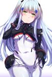  1girl bangs blush bodysuit breasts clothes_lift eyebrows_visible_through_hair feet_out_of_frame from_below girls&#039;_frontline green_eyes hair_ornament hairclip hand_in_hair highres hk416_(girls&#039;_frontline) hk416_(midnight_evangelion)_(girls&#039;_frontline) light_blue_hair long_hair looking_at_viewer medium_breasts skirt skirt_lift solo standing teardrop_facial_mark teardrop_tattoo white_background xlscaler 