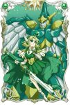  1girl ame_(tameste) armor armored_dress blonde_hair cape dress gem gloves green_background green_cape green_dress green_eyes green_hairband green_theme hairband highres holding holding_sword holding_weapon hououji_fuu looking_away magic_knight_rayearth mashin mecha official_alternate_costume official_style open_mouth pauldrons reverse_grip shoes short_hair shoulder_armor sword weapon white_footwear white_gloves windam_(rayearth) wing_hair_ornament 