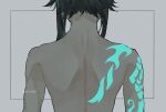  1boy arm_tattoo back back_tattoo black_hair commentary_request genshin_impact green_hair grey_background highres male_focus multicolored_hair shiraishi_(siraisi00) simple_background solo tattoo topless_male twitter_username xiao_(genshin_impact) 