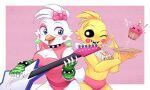  anthro avian bird black_eyes blonde_hair blue_eyes breasts chicken colored_nails cupcake_(fnaf) duo ear_piercing ear_ring female five_nights_at_freddy&#039;s five_nights_at_freddy&#039;s:_security_breach five_nights_at_freddy&#039;s_2 galliform gallus_(genus) glamrock_chica_(fnaf) guitar hair hi_res lipstick makeup musical_instrument nails one_eye_closed phasianid piercing plucked_string_instrument pokithekat scottgames smile string_instrument toy_chica_(fnaf) video_games white_hair wink 