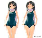  1girl bangs black_hair blue_swimsuit blush breasts bunny_hair_ornament closed_eyes closed_mouth commentary_request covered_navel eyebrows_visible_through_hair fringe_trim grey_eyes hair_ornament hairclip koutaro medium_breasts multiple_views nose_blush old_school_swimsuit one-piece_swimsuit one_side_up original pink_scarf scarf school_swimsuit simple_background swimsuit tan tanlines twitter_username wavy_mouth white_background 