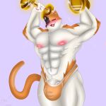  2022 abs anthro big_muscles bodily_fluids bulge calico_cat clothed clothing domestic_cat dumbbell epic_games exercise eyes_closed felid feline felis fortnite genitals hi_res male mammal meowscles_(fortnite) mottled muscular muscular_anthro muscular_male nipples open_mouth open_smile orange_clothing orange_underwear pecs penis piebald pink_nipples raised_arms simple_background smile solo standing sweat tongue topless underwear vein veiny_penis video_games weightlifting weights workout yamwamm 