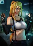  1girl absurdres bangs bare_shoulders black_gloves black_skirt black_sports_bra blonde_hair blue_eyes breasts closed_mouth commentary_request cosplay cowboy_shot crop_top elbow_gloves elbow_pads final_fantasy final_fantasy_vii final_fantasy_vii_remake fingerless_gloves gloves highres large_breasts light_particles long_hair looking_at_viewer low-tied_long_hair metroid midriff mole navel night ponytail samus_aran shade shirt signature skirt sleeveless sleeveless_shirt solo sports_bra suspenders suspenders_gap swept_bangs tank_top tifa_lockhart tifa_lockhart_(cosplay) toned white_shirt white_tank_top xuuikie_ashe 
