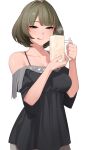  1girl bangs bare_shoulders black_dress blue_eyes breasts closed_mouth commentary_request cum_in_container cum_in_cup cup dress eyebrows_visible_through_hair green_eyes green_hair hands_up heterochromia highres holding holding_cup idolmaster idolmaster_cinderella_girls looking_at_viewer medium_breasts mole mole_under_eye naughty_face off-shoulder_dress off_shoulder senju_(snz0) short_hair simple_background solo takagaki_kaede tongue white_background wide_sleeves 