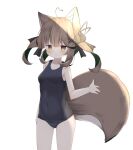  1girl ahoge animal_ear_fluff animal_ears ass_visible_through_thighs bangs bare_arms bare_shoulders black_bow black_swimsuit blush bow breasts brown_eyes brown_hair closed_mouth commentary_request covered_navel eyebrows_visible_through_hair fang fang_out green_hair hair_between_eyes hair_bow hair_ornament hairclip heart_ahoge looking_at_viewer multicolored_hair old_school_swimsuit one-piece_swimsuit original risu_(ritharte) school_swimsuit simple_background small_breasts smile solo standing swimsuit tail two-tone_hair white_background x_hair_ornament 