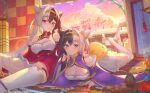  2girls absurdres architecture asymmetrical_legwear azur_lane bare_shoulders blue_eyes breasts chao_ho_(azur_lane) cleavage clothing_cutout dress east_asian_architecture eyebrows_visible_through_hair framed_breasts gold_hairband hair_horns highres hongshi_(13234456009) indoors looking_at_viewer lying manjuu_(azur_lane) medium_breasts miniskirt multicolored_hair multiple_girls no_shoes on_stomach purple_dress purple_eyes purple_hair red_dress red_hair scroll single_sock single_thighhigh sitting skirt smile socks soles split-color_hair thighhighs white_hair white_skirt wide_sleeves wooden_floor ying_swei_(azur_lane) 
