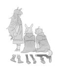  3girls ahoge animal_ears ankle_boots arknights arms_behind_back beagle_(arknights) boots closed_mouth coat dress fang_(arknights) greyscale hooded_coat kroos_(arknights) long_hair long_sleeves monochrome multiple_girls open_clothes open_coat rabbit_ears short_hair simple_background sitting smile snsstk1 standing tail very_long_hair white_background 
