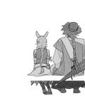  1boy 1girl animal_ears armband boots braid closed_umbrella from_behind greyscale hat knee_boots kroos_(arknights) kroos_the_keen_glint_(arknights) long_hair long_sleeves monochrome mr._nothing_(arknights) rabbit_ears simple_background single_braid sitting skirt snsstk1 umbrella very_long_hair white_background 