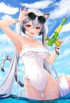  1girl absurdres animal_ear_fluff animal_ears black_hair blue_sky breasts cowboy_shot highres holding holding_water_gun jayamon long_hair medium_breasts multicolored_hair ocean original silver_hair sky solo standing streaked_hair swimsuit tail tiger_ears tiger_girl tiger_tail very_long_hair wading water_gun white_swimsuit 