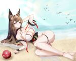  1girl 3098644761 amagi_(azur_lane) amagi_(wending_waters_serene_lotus)_(azur_lane) animal_ear_fluff animal_ears ass azur_lane ball barefoot beachball bikini black_choker black_sash breasts brown_hair brown_sash choker fox_ears full_body highres kyuubi large_breasts long_hair looking_at_viewer lying multiple_tails on_side open_bikini open_clothes purple_eyes sand sash see-through solo swimsuit tail thick_eyebrows thigh_strap water 