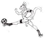  anthro anus athletic athletic_anthro athletic_male backsack ball balls butt claws foreskin genitals jittermodo kick lizard male monochrome mostly_nude nipples penis reptile scalie simple_background sketch soccer_ball solo 