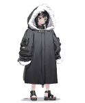  1girl arknights bangs black_coat black_eyes black_footwear black_hair closed_mouth coat eyebrows_visible_through_hair fur-trimmed_coat fur-trimmed_sleeves fur_trim hair_ornament hairclip highres hood hood_up hooded_coat la_pluma_(arknights) long_sleeves looking_at_viewer oversized_clothes see-through short_hair simple_background solo standing white_background xooku 