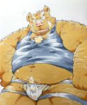  2022 absurd_res anthro belly blush brown_body bulge clothing eyes_closed hi_res jockstrap kemono male mammal navel overweight overweight_male shirt simple_background solo suid suina suishou0602 sus_(pig) topwear underwear wild_boar 