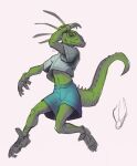  anthro bottomwear clothing colored_sketch footwear green_body green_scales jittermodo lizard male midriff navel reptile scales scalie shoes shorts simple_background sketch sneakers solo white_background 