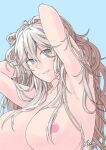  1girl absurdres animal_ears armpits arms_behind_head bangs blue_background breasts cleavage collarbone ear_piercing fang grey_eyes grey_hair hair_between_eyes highres hololive large_breasts lion_ears lion_girl long_hair looking_at_viewer messy_hair nipples nude parted_lips piercing shishiro_botan sidelocks signature simple_background smile solo virtual_youtuber zero_(muftisaili) 
