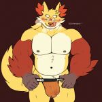  2022 anthro barazoku belly big_bulge big_muscles blush breath brown_background bulge clothing delphox eyebrows eyes_closed eyewear front_view fur glasses hi_res inner_ear_fluff jockstrap licking licking_lips licking_own_lips male metasighty musclegut muscular muscular_anthro muscular_male navel nintendo nipples pecs pok&eacute;mon pok&eacute;mon_(species) self_lick signature simple_background solo standing tongue tongue_out tuft underwear video_games 