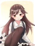  1girl arashio_(kancolle) arashio_kai_ni_(kancolle) black_legwear brown_eyes brown_hair dated dress frilled_dress frills kantai_collection long_hair long_sleeves looking_at_viewer one-hour_drawing_challenge pantyhose pinafore_dress ray.s shirt solo twitter_username two-tone_background white_shirt 