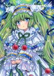  1girl :o bangs blue_background blue_eyes blue_hairband blue_ribbon blush capelet cherry cowboy_shot dress eyebrows_visible_through_hair flower food frilled_capelet frilled_dress frilled_hairband frilled_shirt_collar frilled_sleeves frills fruit fur-trimmed_dress fur_trim green_hair hair_between_eyes hair_flower hair_ornament hair_ribbon hairband hatsune_miku lily_of_the_valley lolita_hairband long_hair long_sleeves looking_at_viewer marker_(medium) own_hands_together parted_lips ribbon rui_(sugar3) sample_watermark snowflakes solo standing traditional_media twintails very_long_hair vocaloid white_dress white_flower white_hairband wide_sleeves yuki_miku yuki_miku_(2015) 