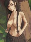  1girl areolae black_hair black_skirt breasts closed_mouth commentary day expressionless eyelashes final_fantasy final_fantasy_vii ignite_(artist) large_breasts long_hair looking_at_viewer navel outdoors red_eyes skirt solo standing stomach suspenders suspenders_pull tifa_lockhart topless tree 