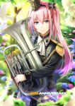  1girl bangs black_headwear blue_eyes closed_mouth euphonium eyebrows_visible_through_hair feet_out_of_frame floral_background flower girls&#039;_frontline hair_flower hair_ornament hairband hat highres holding holding_instrument instrument long_hair looking_at_viewer marching_band mini_hat pink_hair smile solo st_ar-15_(breeze_on_a_spring_day)_(girls&#039;_frontline) st_ar-15_(girls&#039;_frontline) standing xlscaler 