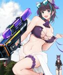 2girls :d arknights azur_lane bangs bare_shoulders blue_sky blunt_bangs blush breasts ch&#039;en_(arknights) ch&#039;en_the_holungday_(arknights) cheshire_(azur_lane) cheshire_(summery_date!)_(azur_lane) cleavage cloud collarbone commentary_request cowboy_shot day eyebrows_visible_through_hair hair_between_eyes highres looking_at_viewer marshall_k midriff multiple_girls navel open_mouth outdoors partial_commentary sidelocks sky smile solo_focus standing standing_on_one_leg 