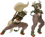  1girl animal_ears animal_print arm_at_side aurochs_(kemono_friends) breasts brown_eyes brown_legwear camouflage camouflage_shirt camouflage_skirt collared_shirt cow_girl cow_horns cow_print cow_tail cropped_shirt empty_eyes eyebrows_visible_through_hair fighting_stance full_body green_hair hand_on_hip highres holding holding_polearm holding_weapon horizontal_pupils horn_lance horns kemono_friends kuro_(kurojill) lance layered_sleeves long_sleeves looking_at_viewer medium_hair microskirt midriff multiple_views muscular muscular_female navel necktie no_pants pantyhose polearm print_shirt print_skirt shirt shoes short_over_long_sleeves short_sleeves simple_background skirt spread_legs standing stomach tail tan thick_thighs thighs v-shaped_eyebrows weapon white_background wing_collar 