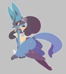  2021 ambiguous_gender blue_body blue_fur butt canid canine from_side fur grey_background hi_res leaning leaning_forward lucario mammal nintendo nyaswitchnya pawpads pok&eacute;mon pok&eacute;mon_(species) red_eyes simple_background solo tan_body tan_fur video_games 
