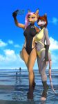  beach blender_(software) blue_eyes canid canine clothing detailed_background duo female fox hair hi_res impreza mammal mira mouse multicolored_body murid murine phone pink_hair red_hair rodent seaside selfie swimwear tridognait two_tone_body water 