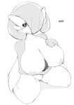  2018 absurd_res big_breasts blush breasts female gardevoir grey_background hair hi_res holding_breast huge_breasts looking_at_viewer monochrome nintendo not_furry pok&eacute;mon pok&eacute;mon_(species) simple_background smile solo unp video_games 