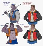 2022 7theaven absurd_res anthro baseball_cap belt binturong bottomwear clothed clothing dialogue duo english_text eyebrows fingerless_gloves fishing_rod fur gloves hair handwear hat headgear headwear hi_res hoodie humor male mammal meme muscular muscular_anthro muscular_male narrowed_eyes navel open_clothing open_mouth open_smile open_topwear open_vest pants pecs pouch_(clothing) simple_background smile teeth text tongue topless topless_anthro topless_male topwear tuft ursid vest viverrid whiskers white_background 