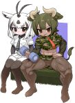  2girls animal_ears antenna_hair arabian_oryx_(kemono_friends) ass_visible_through_thighs aurochs_(kemono_friends) bangs black_eyes bodystocking breast_pocket breasts brown_eyes brown_hair brown_legwear camouflage camouflage_shirt camouflage_skirt chibi closed_mouth collared_shirt cow_ears cow_girl cow_horns cow_tail cropped_shirt empty_eyes extra_ears eyebrows_visible_through_hair full_body gazelle_ears green_hair highres horns kemono_friends knees_together_feet_apart kuro_(kurojill) layered_sleeves long_sleeves looking_at_another looking_at_object medium_hair microskirt midriff multicolored_hair multiple_girls muscular muscular_female navel necktie no_shoes open_mouth pantyhose parted_bangs pocket print_shirt print_skirt raised_eyebrow shirt short_over_long_sleeves short_sleeves sidelocks sitting skirt smile spread_legs stomach tail tan toes twisted_torso two-tone_hair white_hair wing_collar 