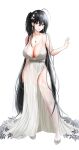  1girl absurdres azur_lane backless_dress backless_outfit bare_shoulders black_hair breasts center_opening cleavage cocktail_dress dress earrings evening_gown eyebrows_visible_through_hair full_body hair_between_eyes hair_ornament hair_strand highres jewelry large_breasts long_dress long_hair looking_at_viewer necklace official_alternate_costume plunging_neckline red_eyes sagging_breasts satin_dress see-through_dress shoes silver_footwear sleeveless sleeveless_dress standing suji_7772 taihou_(azur_lane) taihou_(temptation_on_the_sea_breeze)_(azur_lane) thighhighs very_long_hair white_background white_dress white_garter_straps white_legwear 